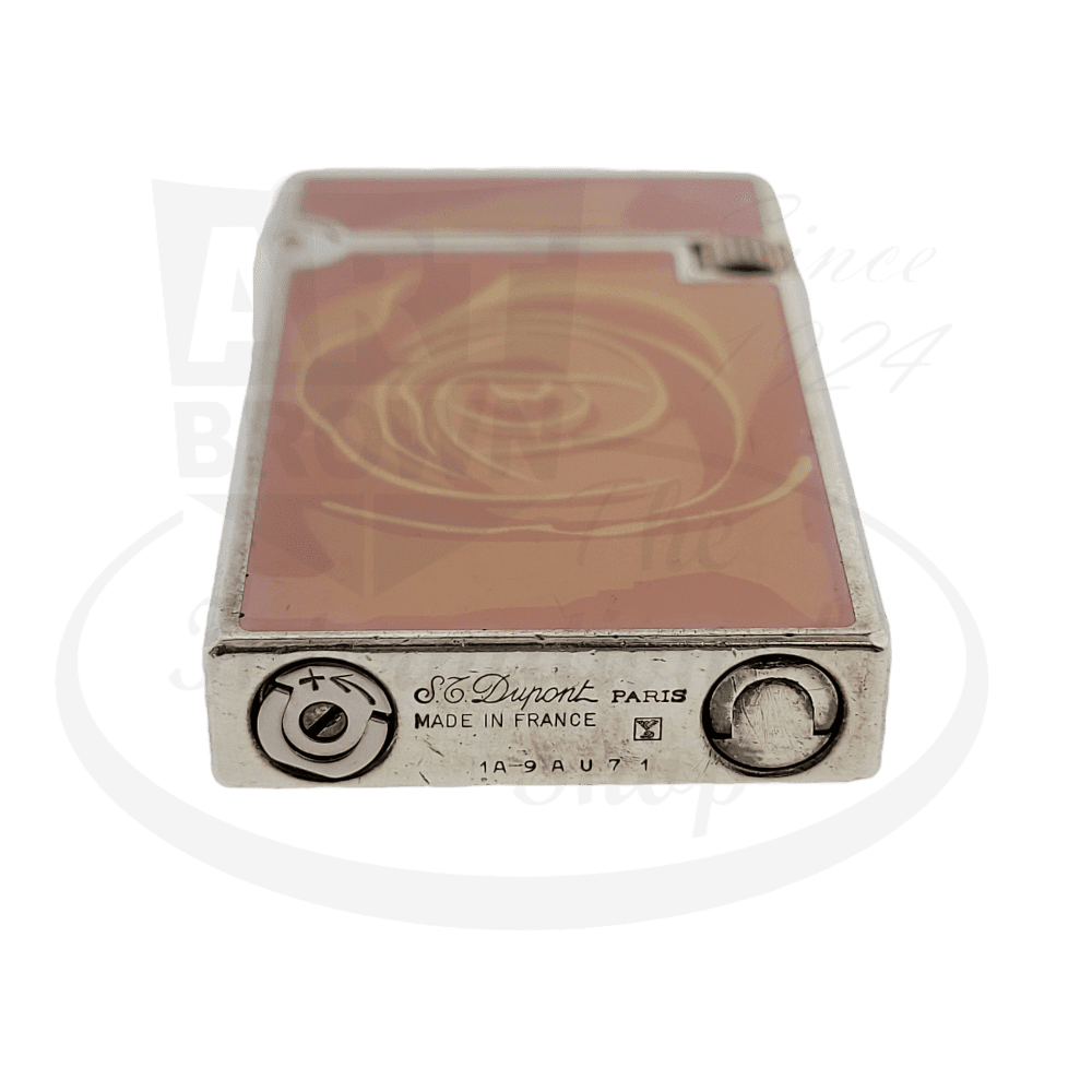 ST Dupont Line D Fantasies pink lacquered metal lighter featuring elegant rose design, silver-tone trim, refillable butane mechanism, made in France