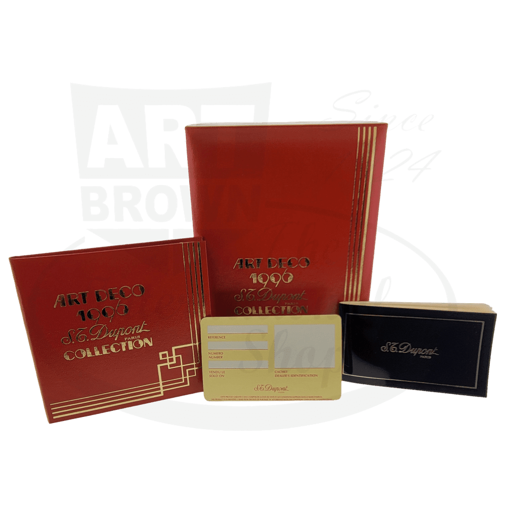 S.T. Dupont Ligne 2 Art Deco 016707 limited edition brass lighter original box set featuring red leather cases, gold accents, and warranty card from 1996 collection