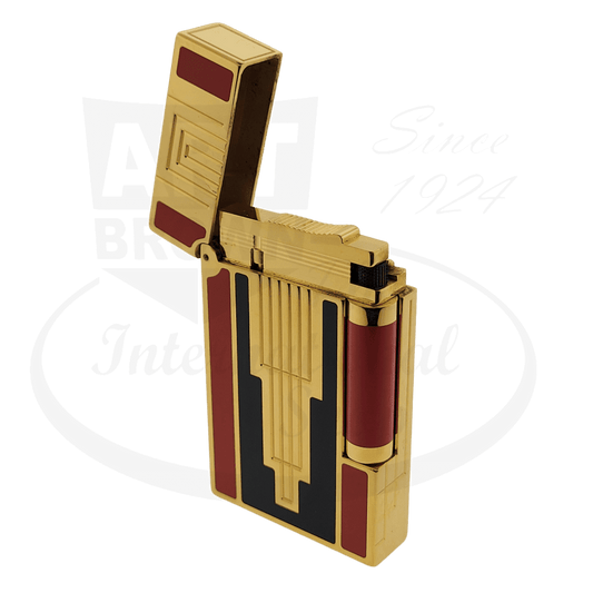 S.T. Dupont Ligne 2 Art Deco 016707 brass lighter featuring gold-plated finish with burgundy lacquer panels and geometric Art Deco pattern, lid open position