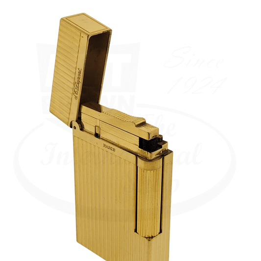 S.T. Dupont Ligne 2 Montparnasse 016827-D2 brass lighter with 24K gold plating and vertical line pattern, shown open displaying mechanism