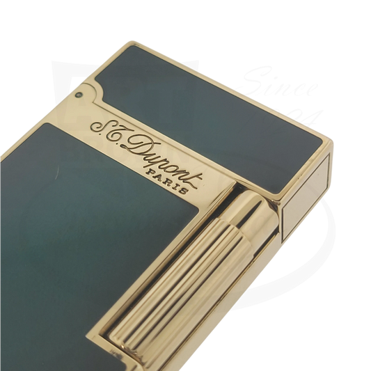 Preowned S.T. Dupont Ligne 2 Atelier Lighter 016303-D1 gold-plated brass sunburst green lacquer with a scratch on flint plate