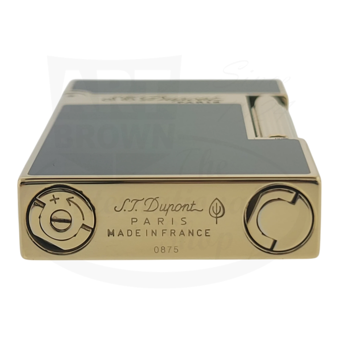 Preowned S.T. Dupont Ligne 2 Atelier Lighter 016303-D1 gold-plated brass with green sunburst lacquer, compact rectangular design