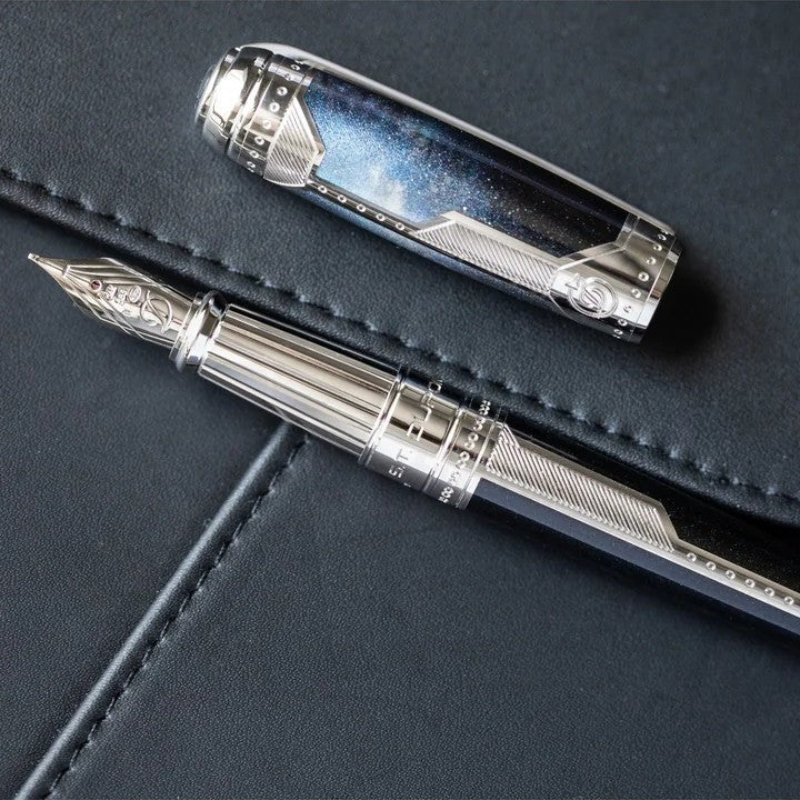 S.T. Dupont Line D Space Odyssey 410768LF fountain pen with palladium finish, iridescent blue galaxy lacquer barrel, silver trim and exposed nib