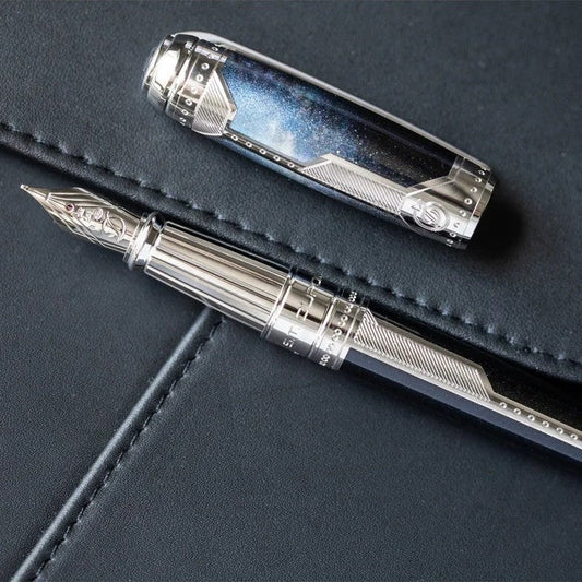 S.T. Dupont Line D Space Odyssey 410768LF fountain pen with palladium finish, iridescent blue galaxy lacquer barrel, silver trim and exposed nib