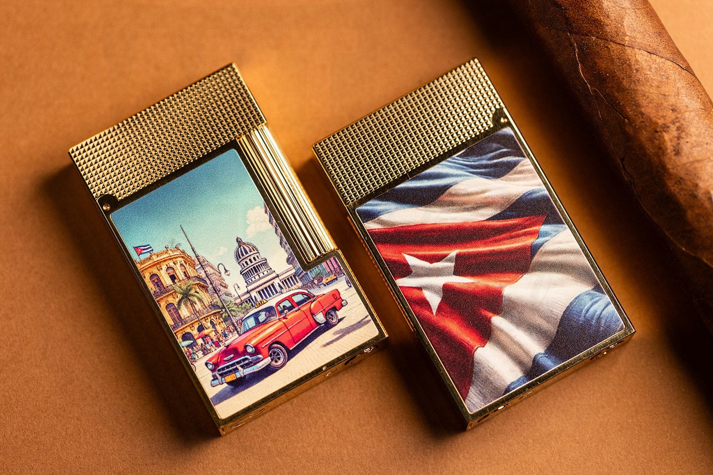 S.T. Dupont Ligne 2 Perfect Cling Havana Dreams C16656 gold lighter with Cuban flag and Havana street art panels