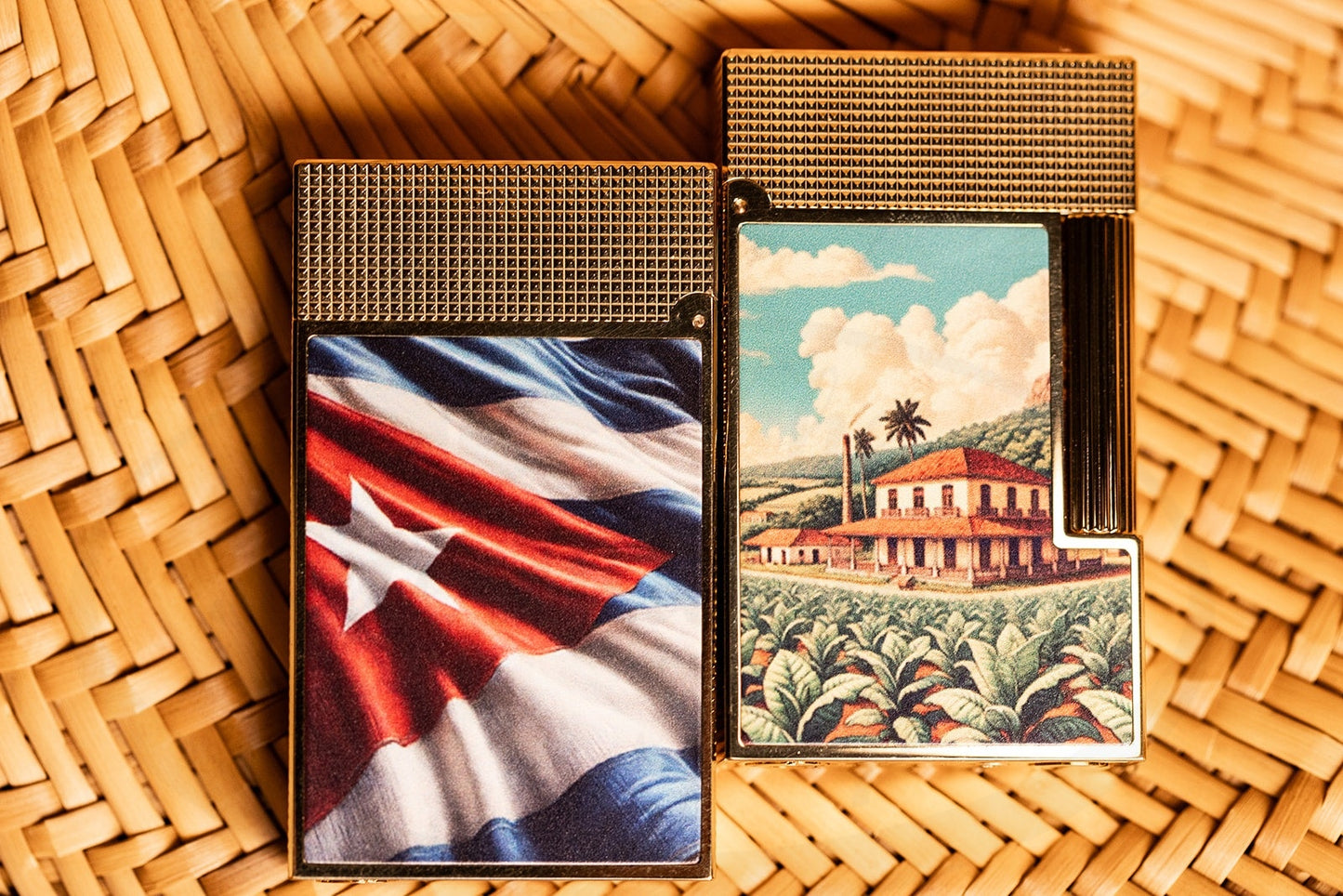 S.T. Dupont Ligne 2 C16655 yellow gold lighter with lacquer Cuban tobacco estate and flag design