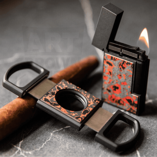 S.T. Dupont Carbon Fiber Ligne 2 Lighter and matching cutter, Fiery Lava motif in red and matte black.