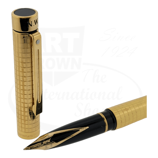 Sheaffer Preowned 14k Gold Fountain Pen Engraved Grid Pattern with solid gold nib and gold-plated body
