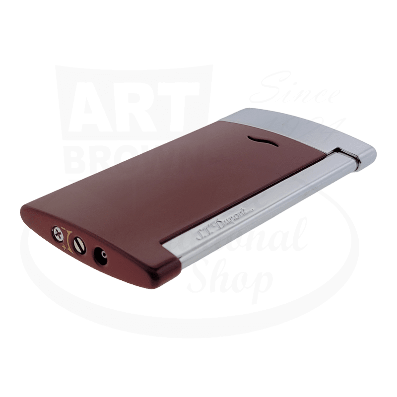 S.T. Dupont Slim 7 027707 lighter in red lacquer and chrome finish, ultra-thin 7mm profile with side-mounted torch igniter, showcasing sleek design