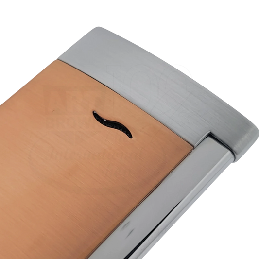 Close up of S.T. Dupont Slim 7 Brushed Copper Torch Lighter featuring modern brushed copper and sleek silver accents