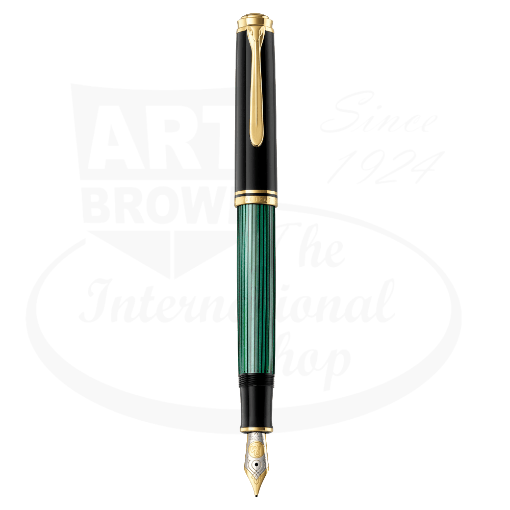 Pelikan Souverän 800 M fountain pen in black-green striped cellulose acetate with gold-plated trim and 18k bi-color nib, displayed vertically