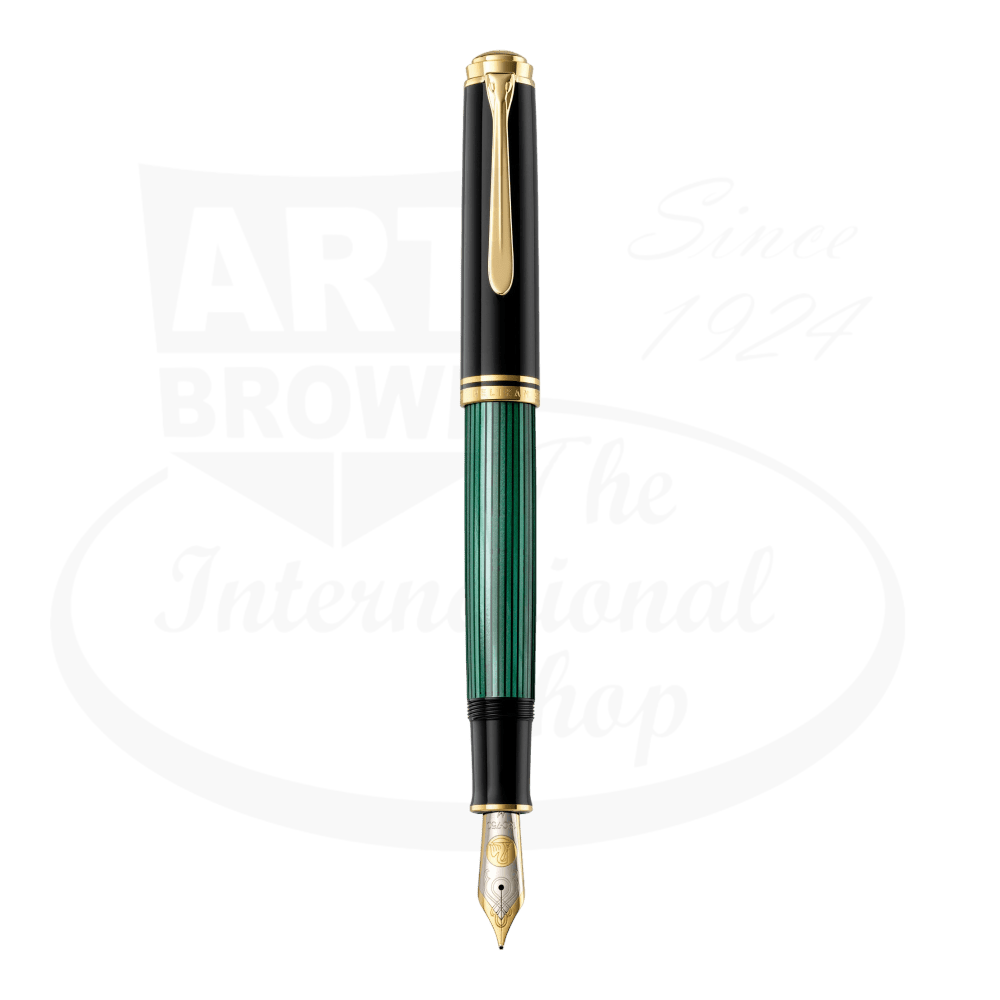 Pelikan Souverän M1000 fountain pen with black cap, green striped cellulose acetate barrel, gold-plated trim and 18k bi-color nib