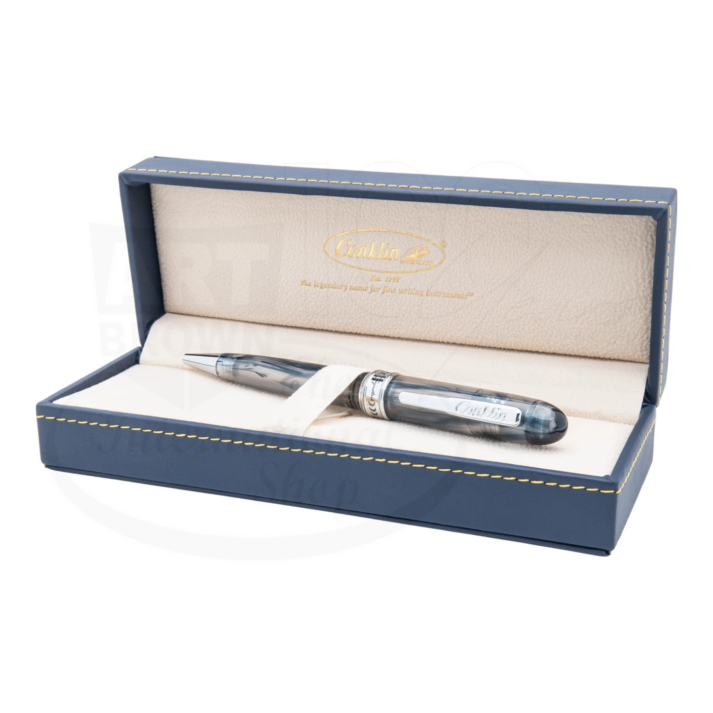 Conklin Symetrik ballpoint pen CK70207 with smoky blue resin barrel, polished chrome clip, and medium tip in gift box