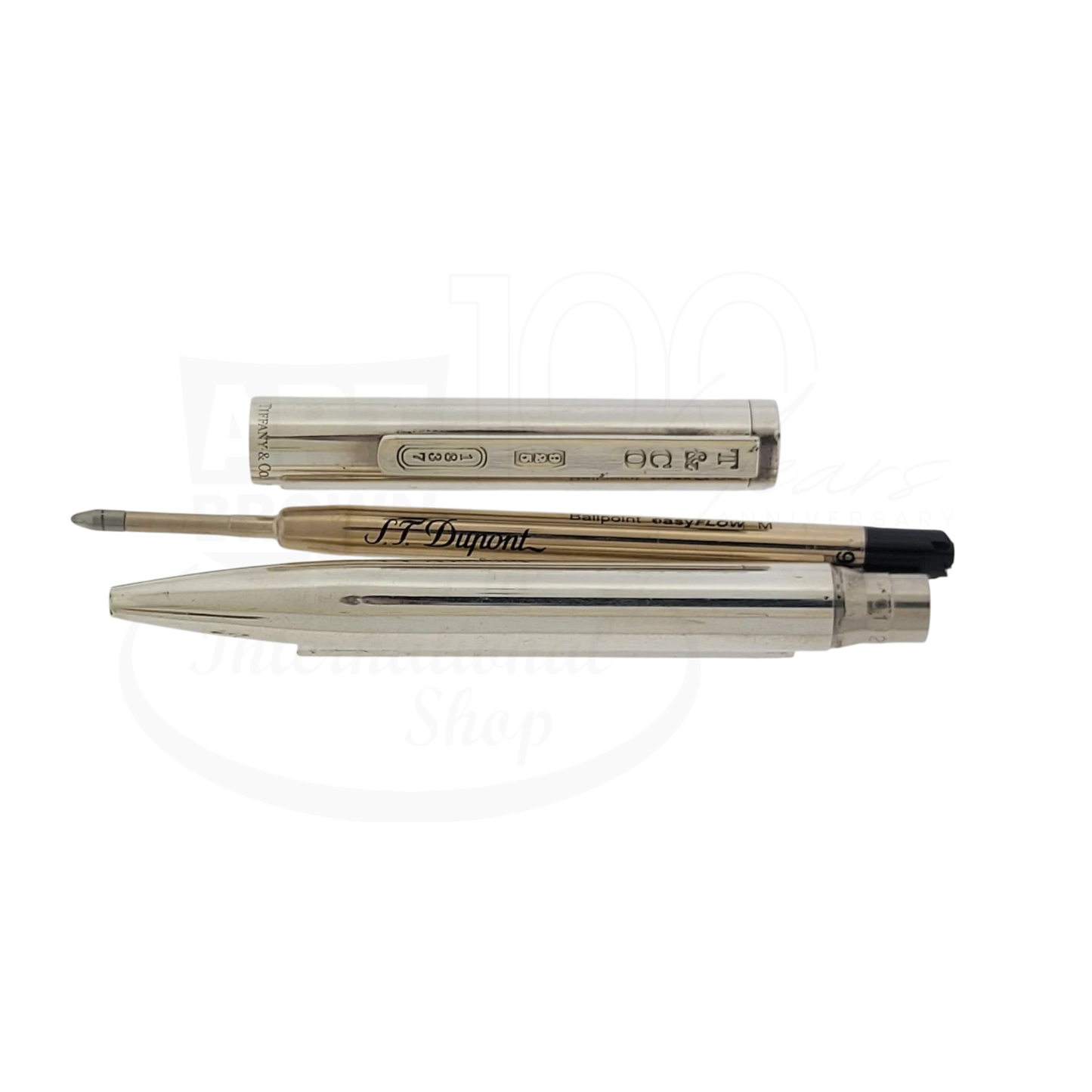 S.T. Dupont 045274N ballpoint pen with sterling silver body and polished finish, disassembled view showing internal components
