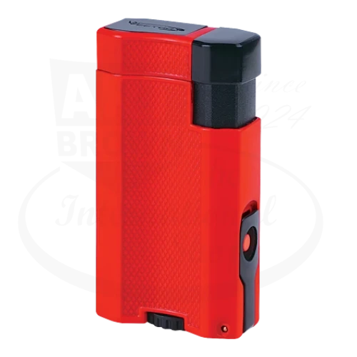 Vector VMOTION 08 Red Lacquer dual-flame torch lighter with metal construction, textured grip, built-in cigar punch and rest in vibrant red and black finish