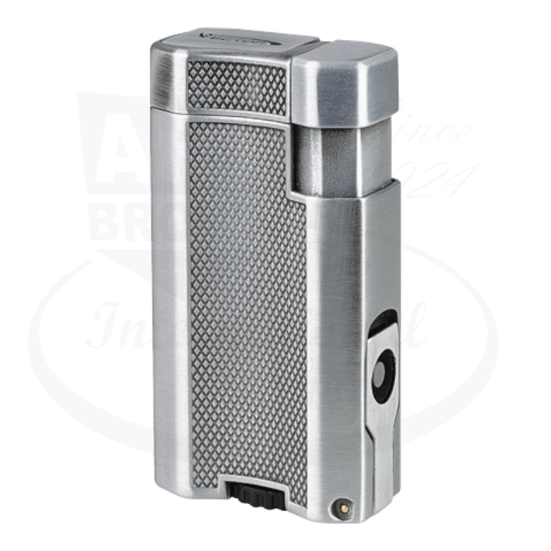 Vector VMOTION 1C metal cigar torch lighter in chrome and black finish with textured mesh pattern, dual-flame design and built-in punch cutter