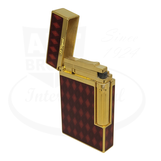 ST Dupont Ligne 2 Vertigo II gold-plated luxury lighter with burgundy diamond-pattern lacquer finish, open lid view, limited edition
