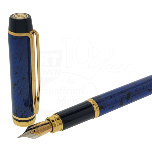 Waterman Le Man Blue 200 fountain pen with blue marble lacquer gold trim and fine point nib