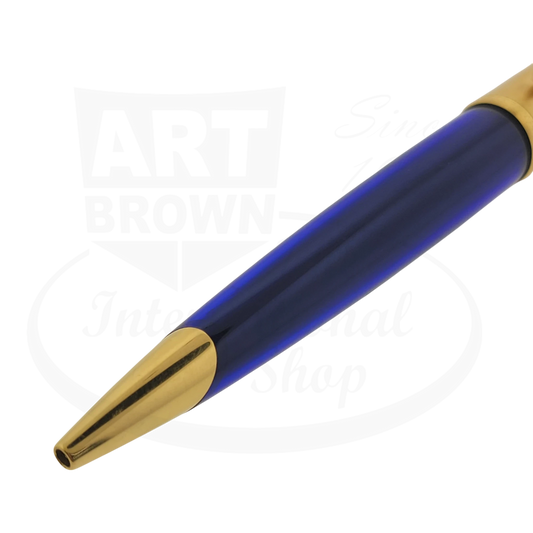 Waterman Edson Sapphire ballpoint pen with translucent blue resin barrel and gold-plated trim, showing tapered writing tip