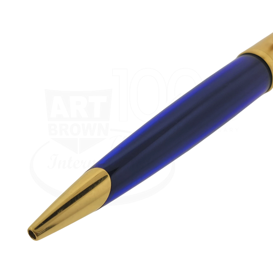 Waterman Edson ballpoint pen in sapphire blue with 18K gold tip and polished metal accents close-up