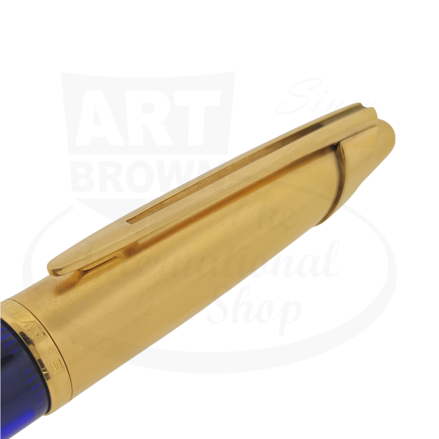 Waterman Edson Sapphire fountain pen with gold-plated cap, blue resin body, 18k gold nib, showing clip and cap detail