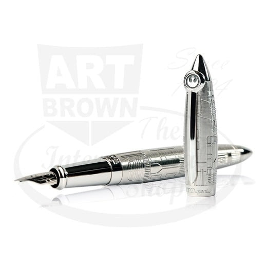 S.T. Dupont X-Wing Fighter 251682 Ceramium ACT fountain pen in silver, featuring Rebel Alliance clip and Star Wars engraved guilloche design on cap and barrel