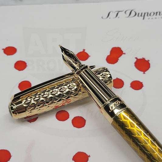 S.T. Dupont Line D Eternity Dragon Scale Guilloche 420029L honey lacquer and gold fountain pen with 14K gold nib