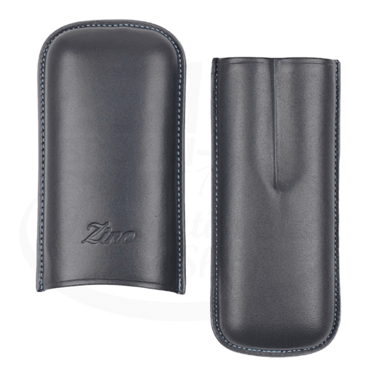 Zino R-2 115932 grey leather dual cigar case with cyan stitching, featuring embossed logo and protective sleeves for Robusto cigars
