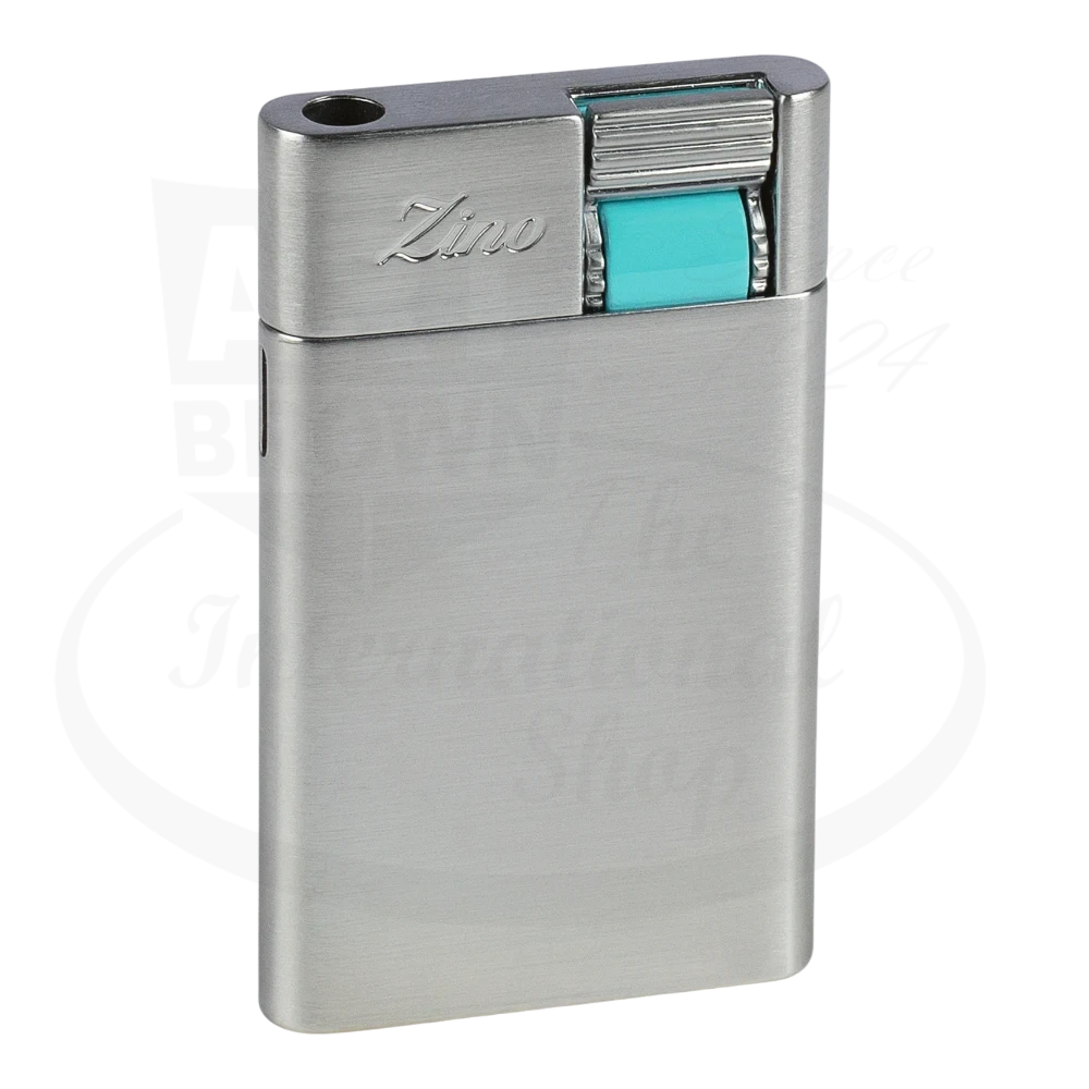 Zino Zs Jet lighter in chrome with cyan accent.