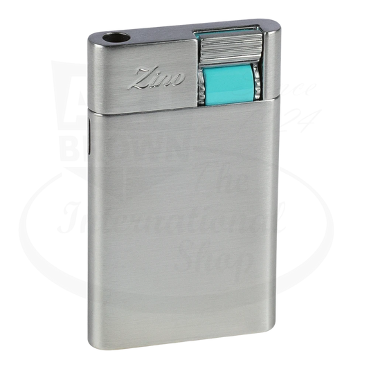 Zino Zs Jet lighter in chrome with cyan accent.