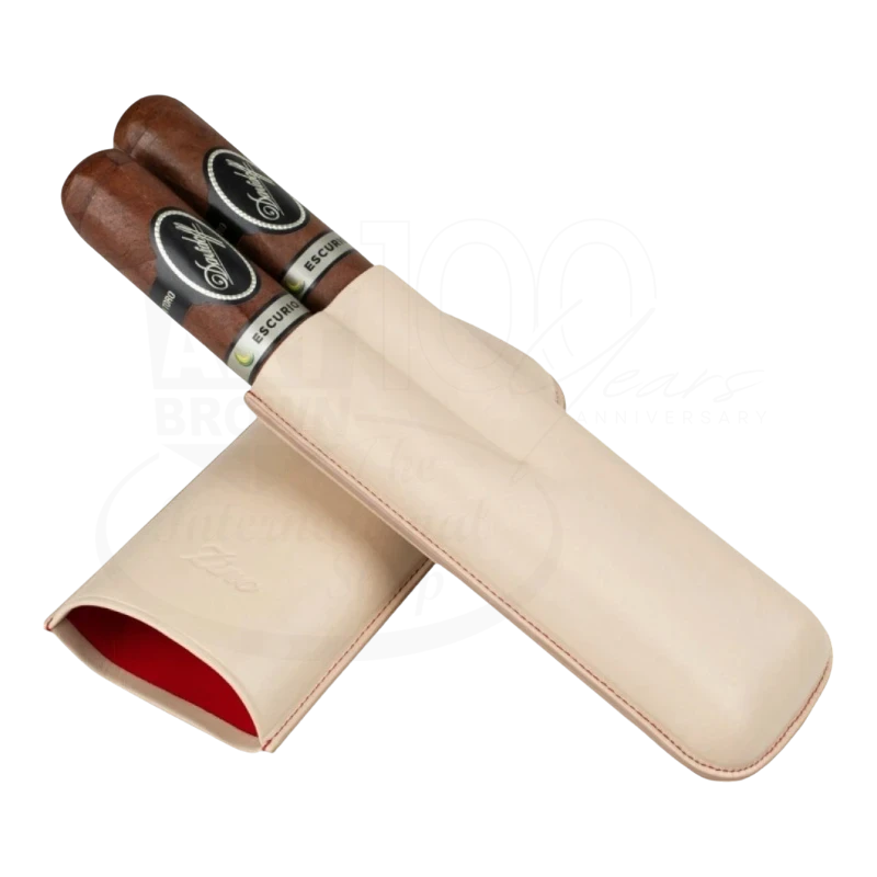 Zino XL-2 51002969 beige leather cigar case with red interior holding two cigars, smooth finish, stitched edges