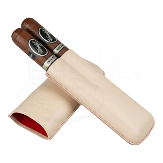 Zino XL-2 51002969 beige leather cigar case with red interior holding two cigars, smooth finish, stitched edges