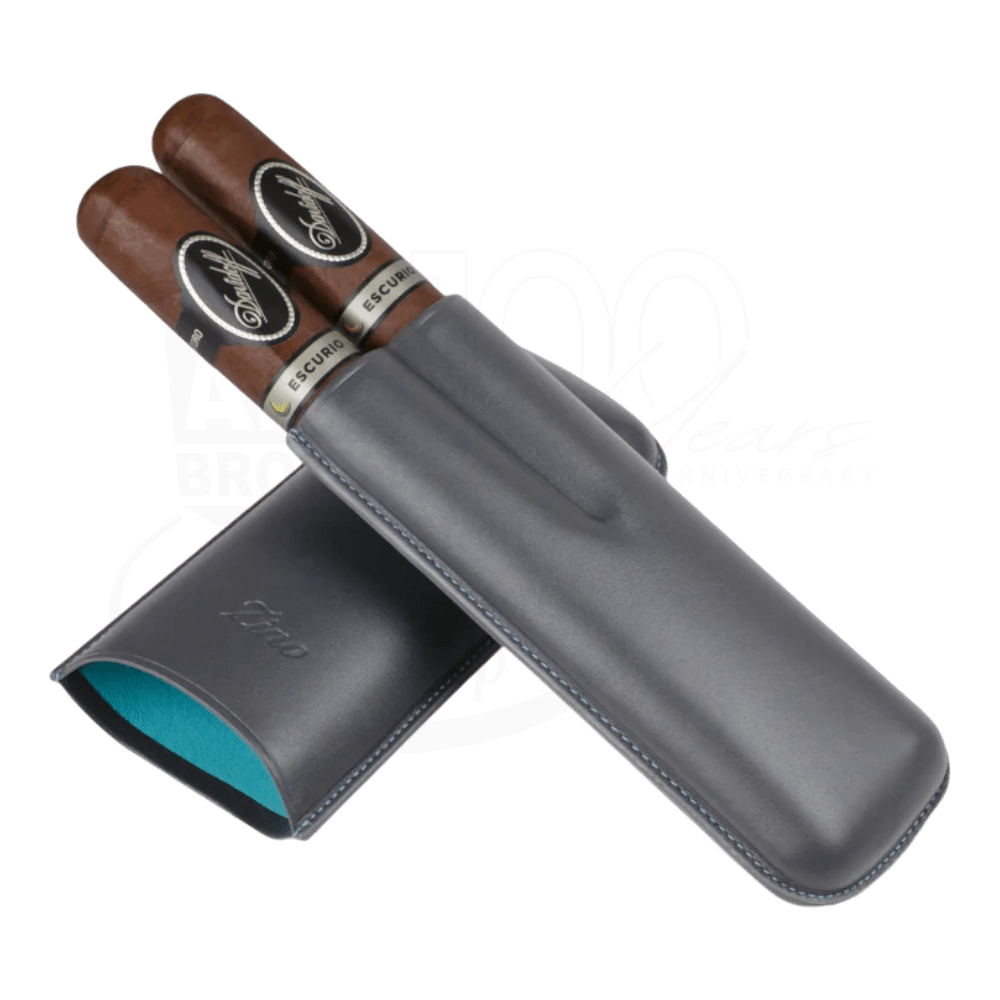 Zino XL-2 leather cigar case in grey and cyan, two-cigar capacity, smooth finish with stitched edges, partially open with cigars visible