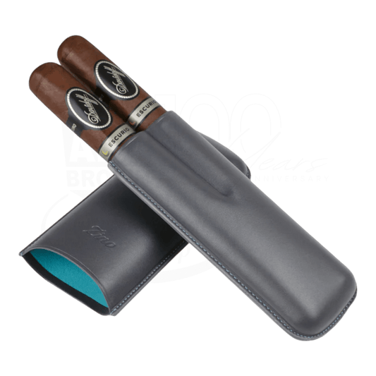 Zino XL-2 leather cigar case in grey and cyan, two-cigar capacity, smooth finish with stitched edges, partially open with cigars visible