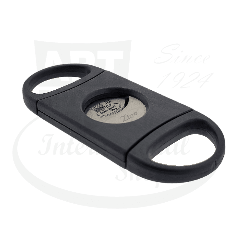 Zino Z2 Black Double Blade Art Brown Edition Cigar Cutter featuring matte black finish, stainless steel blades, ergonomic handles, and circular brand emblem for 52-ring gauge cigars