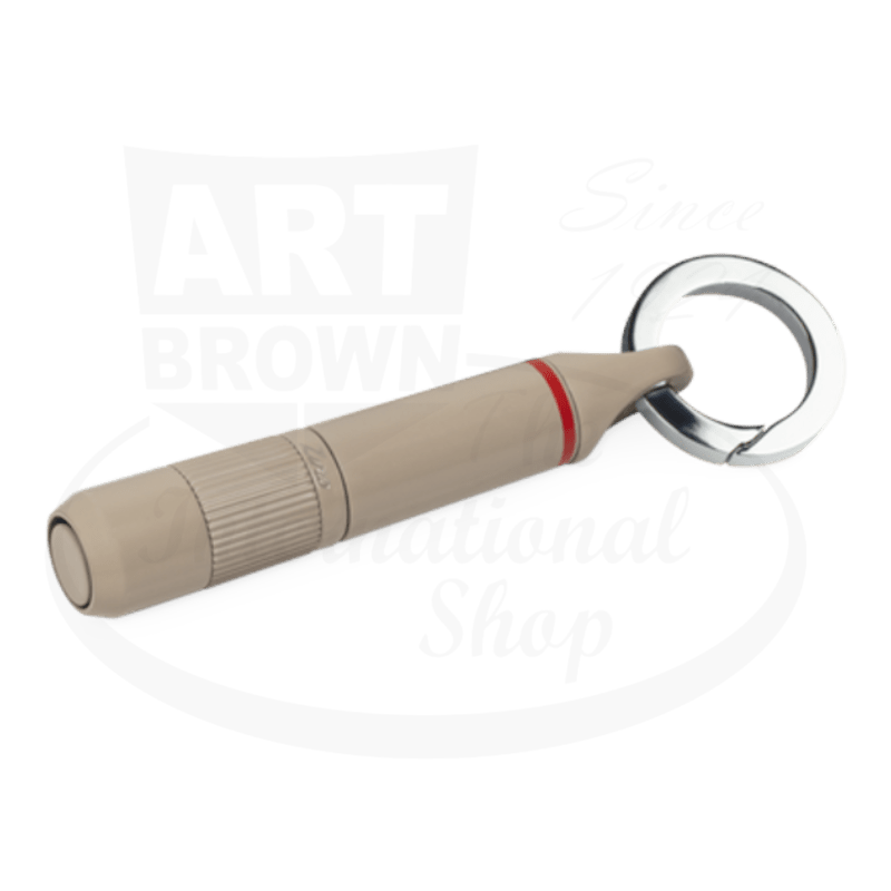 Zino Z9 cigar punch cutter in beige aluminum with red accent ring and silver keyring attachment, featuring cylindrical body and precision cutting hole