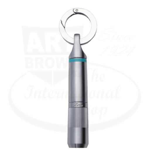 Zino Z9 Cigar Punch Cutter in brushed silver aluminum with turquoise accent ring, featuring keyring attachment and precision-engineered 70-ring gauge cutting chamber