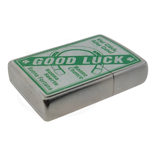 Zippo Good Luck #207 Lighter brushed chrome with green horseshoe and multilingual greetings, gallery position 2, 1000x1000 square