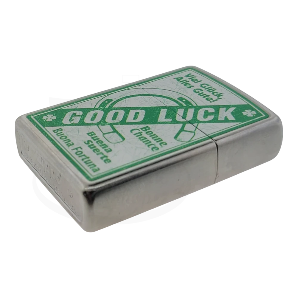 Zippo Good Luck #207 Lighter brushed chrome with green horseshoe and multilingual greetings, gallery position 2, 1000x1000 square