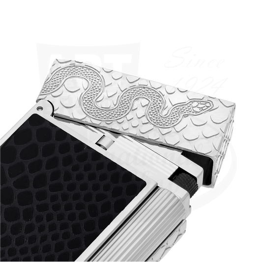 Close up of black lacquer and guilloche on new S.T. Dupont snake lighter.
