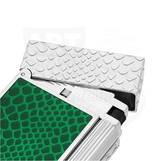 Close up of green lacquer and guilloche on new S.T. Dupont snake lighter.