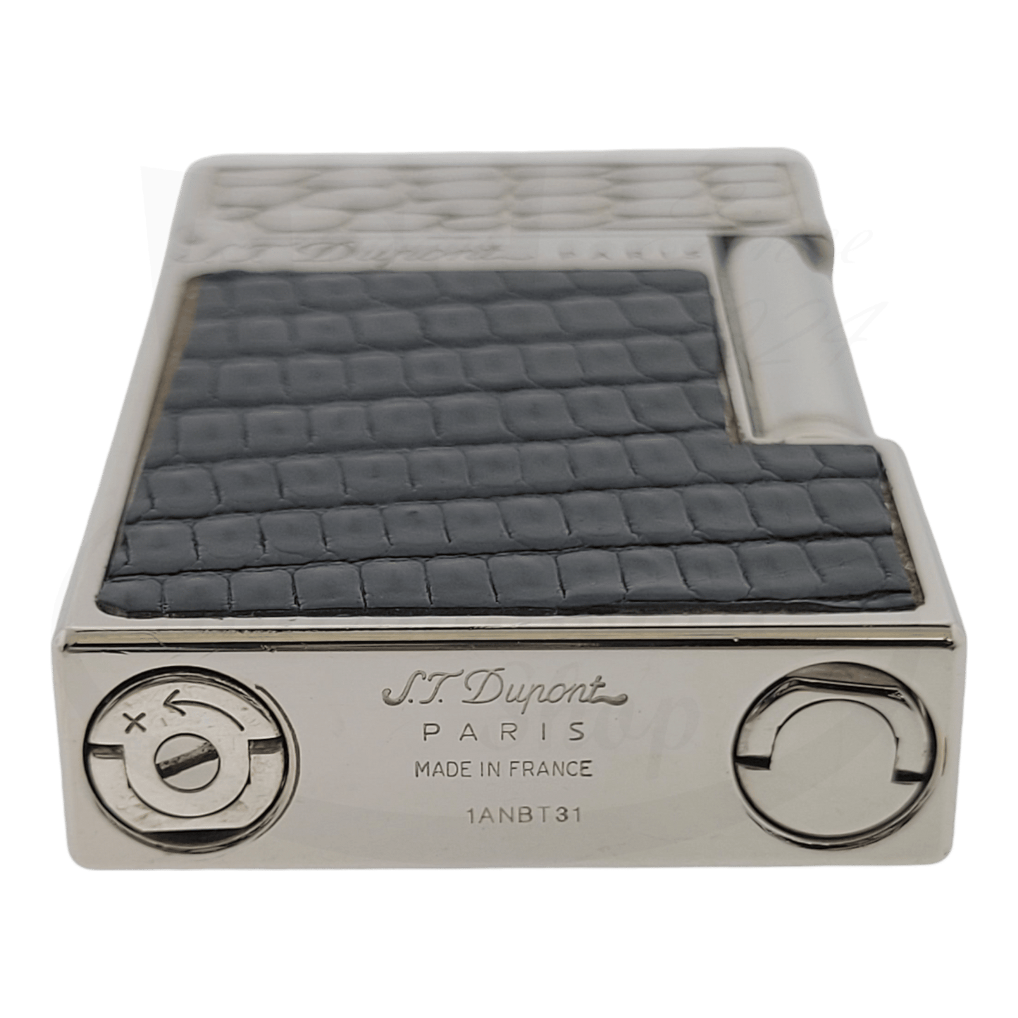 S.T. Dupont Ligne 2 Dupont-8 lighter featuring black reptile-textured leather inlay and polished palladium finish, with distinctive French craftsmanship detailing