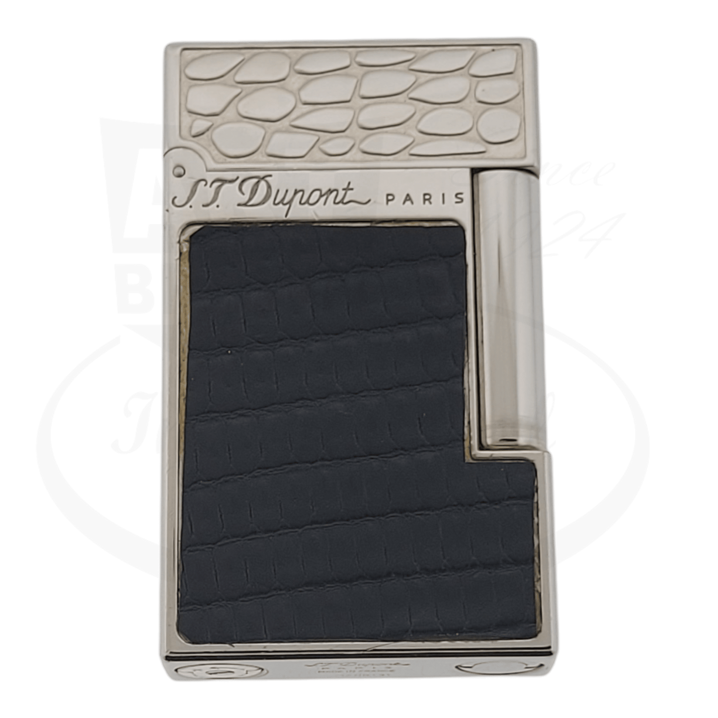 S.T. Dupont Ligne 2 Dupont-8 black leather reptile-textured inlay palladium luxury lighter with engraved pattern top design