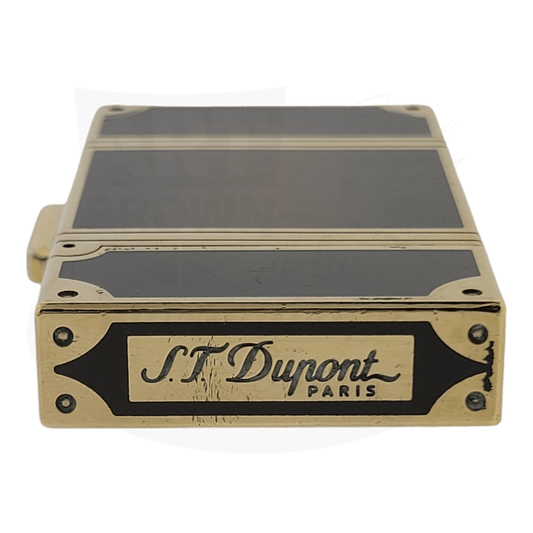 S.T. Dupont ligne 2 limited edition murder on the orient express lighter in gold and brown, showing S.T. Dupont logo on top.