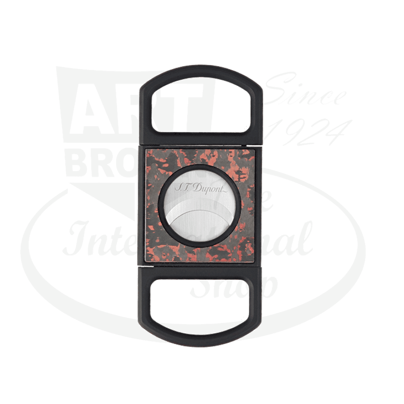 S.T. Dupont Carbon Cigar Cutter 003397FL in black and fiery red lava pattern, featuring dual stainless steel blades and ergonomic handle design