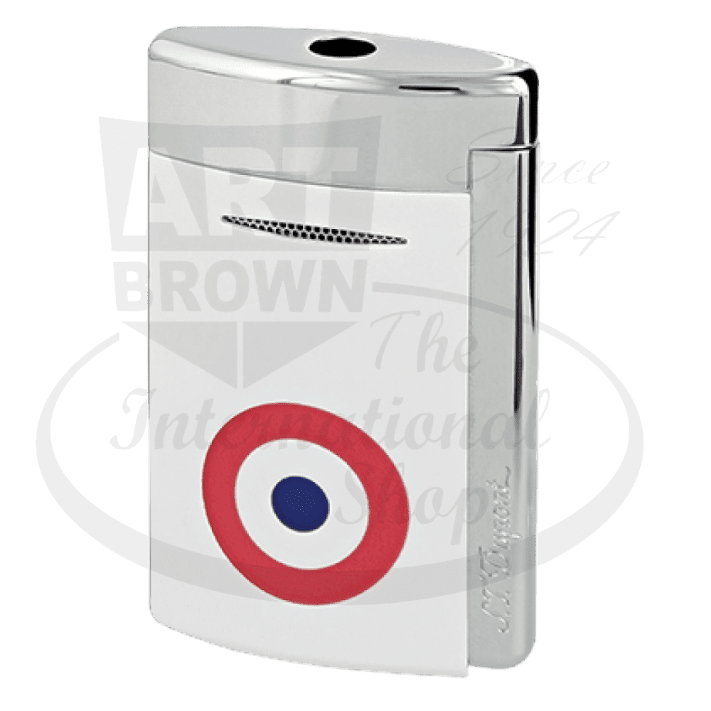 S.T. Dupont Minijet 010802 white lacquered metal lighter with French Rosette design, chrome-finished top, compact size and piezo ignition system