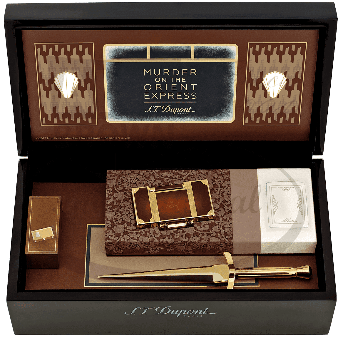 S.T. Dupont Ligne 2 Motoe Kit 016186 brass yellow gold lighter and paper cutter in Murder on the Orient Express box