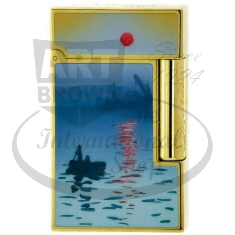 S.T. Dupont Ligne 2 Monet in Blue Lacquer and Gold 016349 lighter with painted water scene and gold finish