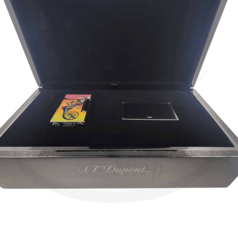 S.T. Dupont Ligne 2 The Row Horn 016382 luxury lighter in metallic presentation box with black velvet interior