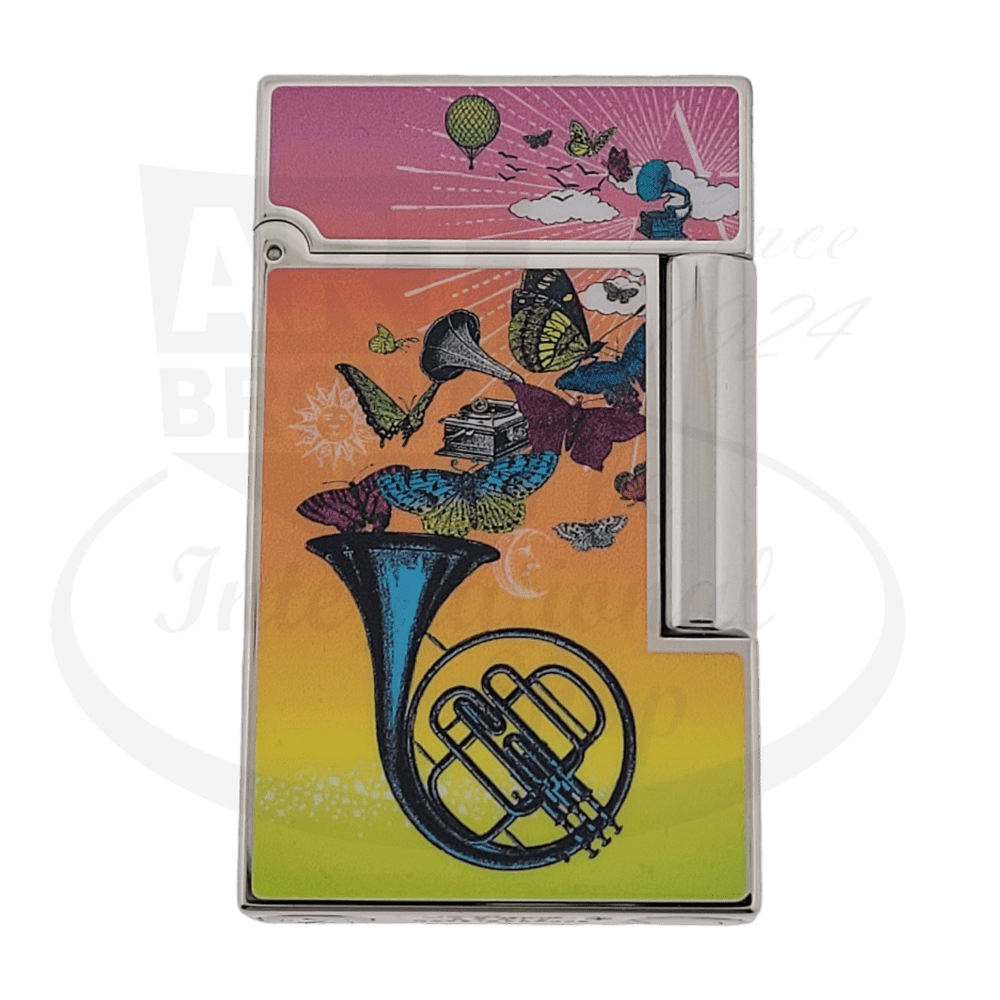 S.T. Dupont Ligne 2 The Row Horn 016382 luxury lighter featuring colorful butterfly and French horn design on rainbow gradient background